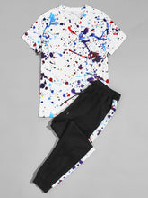 Load image into Gallery viewer, Men Paint Splatter Pattern Tee With Drawstring Joggers
