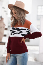 Load image into Gallery viewer, Leopard Color Block Ribbed Trim Dropped Shoulder Sweater
