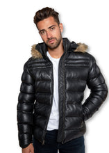 Load image into Gallery viewer, Men&#39;s Crimson Black Puffer Winter Down Leather Jacket With Fur
