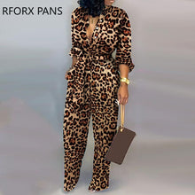 Load image into Gallery viewer, Leopard Tied Waist Long Sleeve Jumpsuit
