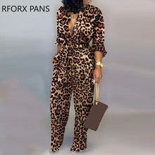 Load image into Gallery viewer, Leopard Tied Waist Long Sleeve Jumpsuit
