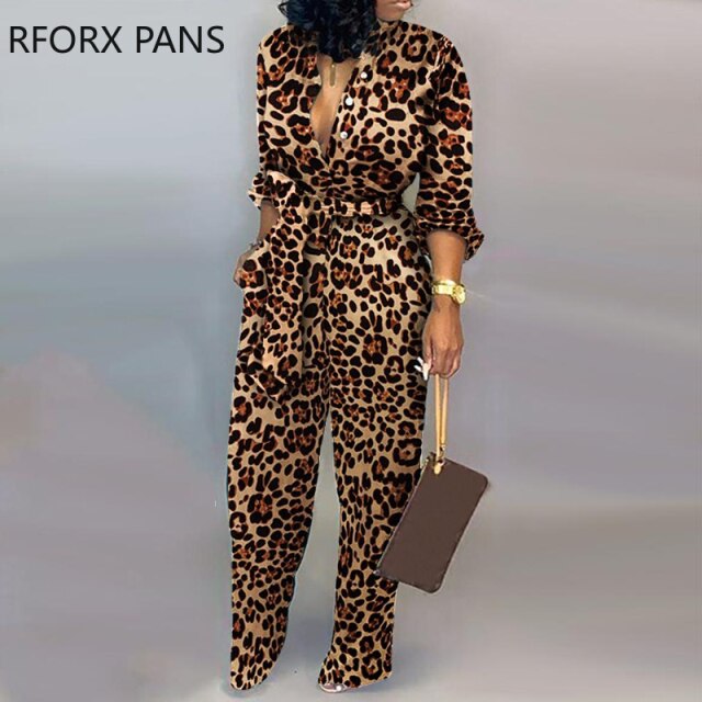 Leopard Tied Waist Long Sleeve Jumpsuit