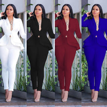 Load image into Gallery viewer, Women&#39;s Full Sleeve Ruffle Blazer Pencil Pants Suit Two Piece Set
