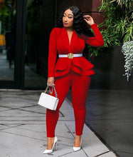 Load image into Gallery viewer, Women&#39;s Full Sleeve Ruffle Blazer Pencil Pants Suit Two Piece Set
