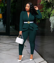 Load image into Gallery viewer, Women&#39;s Full Sleeve Ruffle Blazer Pencil Pants Suit Two Piece Set
