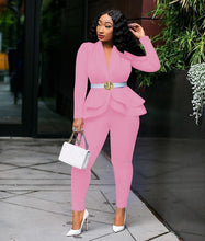 Load image into Gallery viewer, Women&#39;s Full Sleeve Ruffle Blazer Pencil Pants Suit Two Piece Set
