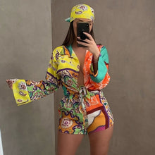 Load image into Gallery viewer, 3 Pieces Set Floral Print Long Sleeve Shirt And Elastic Waist Shorts Scarf
